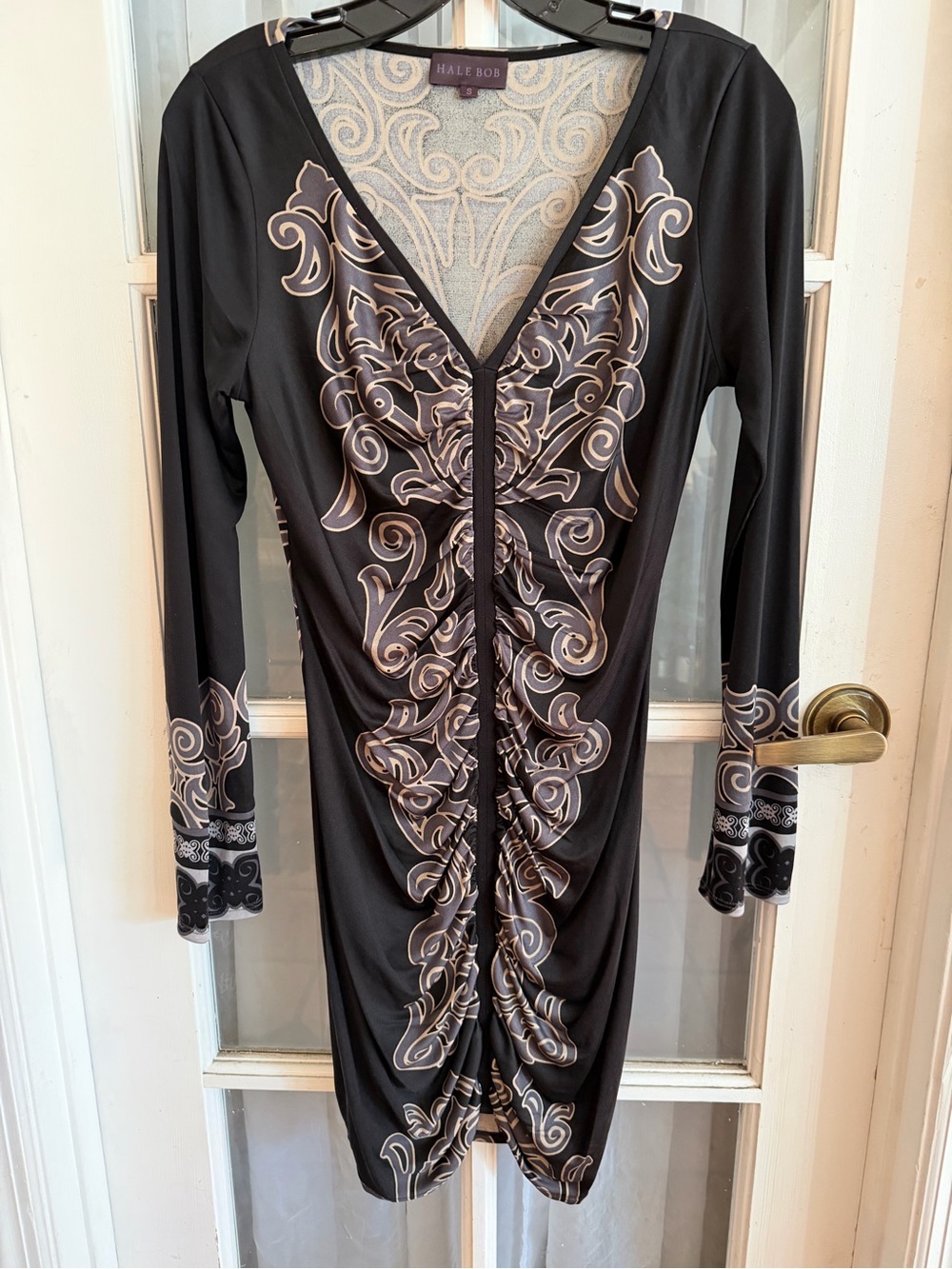 EUC SZ S Vintage Hale Bob Ruched  Black and Gray 100% Silk Dress